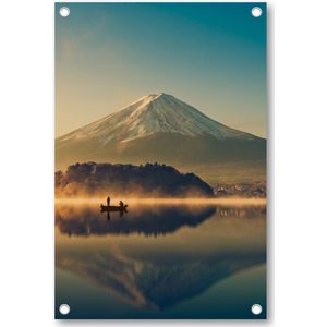 Mount Fuji bij Kawaguchimeer - Zonsopkomst - Tuinposter 80x120 - Wanddecoratie - Minimalist - Landschap - Natuur