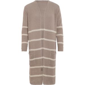 Knit Factory Bibi Lang Gebreid Vest - Gebreide dames cardigan - Lang vest tot over de knie - Gestreepte damesvest gemaakt uit 30% wol en 70% acryl - Linnen/Beige - 40/42