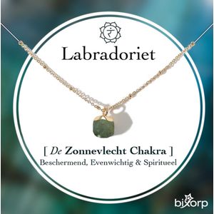 Bixorp Gems Zonnevlecht Chakra Ketting Labradoriet + 18 Karaat Verguld Goud & Roestvrij Staal - 36cm + 8cm verstelbaar