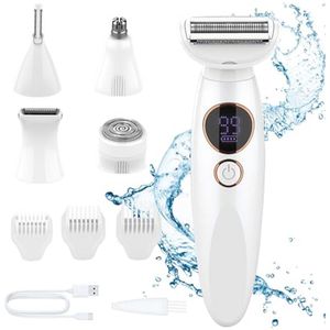 Vrouwen 5-in-1 Elektrische Scheerapparaat met 5 Opzetstukken, Pijnloze Intieme Scheerapparaat, IPX7 Waterdicht, Lichaamstrimmer voor Onderarmen, Bikinilijn, Wenkbrauwen en Neus