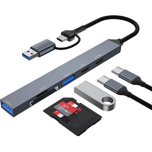 6 IN 1 Adapter Hub splitter kabel - USB-C en USB naar USB 3.0 + USB-C en Micro SD kaartlezer - converter - Grijs - Provium