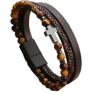 Sorprese armband - Luxury - kruis - armband heren - leer - bruin - zwarte sluiting - cadeau - Model I
