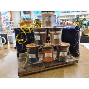 Woodwick Hourglass Mini Geurkaarsen Geschenkset Op een decoratief houten plateau - Diverse Geuren - 6 Stuks Giftset variërende geuren - Valentijn geschenk- cadeau - Moederdaggeschenk