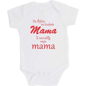 100% katoenen Romper ""De liefste en leukste Mama is toevallig mijn mama"" Moeder Moederdag Unisex Katoen Wit/rood 68/74