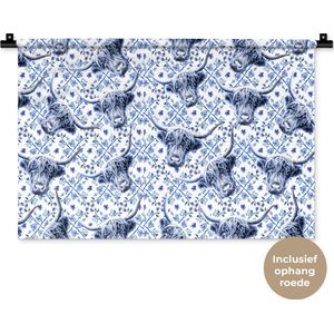Wandkleed - Wanddoek - Schotse hooglander - Koe - Delfts blauw - 60x40 cm - Wandtapijt