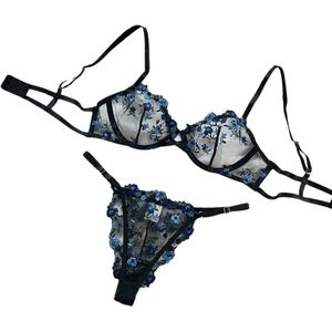 Allecto plus - Kant Holle Transparant Lingerie Set met Bloemen Borduurwerk Zwart Blauw - Verstelbaar Push-Up Corset Ondergoed voor Dames