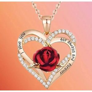 Akyol - i love u ketting – valentijn – ketting met hanger – valentijn cadeau voor haar -roos ketting - cadeau voor vriendin - kettinkjes – 1 ketting - roos -ketting – hanger – goudkleurig – rode ketting