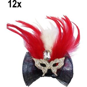 12x Luxe haarclip met oogmasker en veren rood/wit