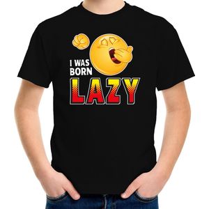 Funny emoticon t-shirt I was born lazy zwart voor kids -  Fun / cadeau shirt 122/128