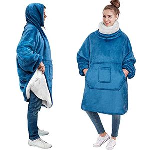 Draagbare deken hoodie met nekwarmer - Pluche oversized sweatshirt met capuchon en grote zak