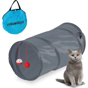 Relaxdays kattentunnel - met speelgoed - speeltunnel katten - 48 cm lang - polyester - grijs