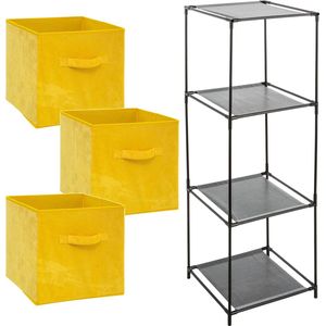 Kastmandjes/opberg manden - geel velours - 3x stuks van 29 Liter - In rek van 34 x 98 cm