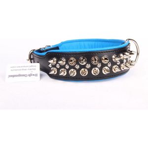 Dog's Companion Leren Halsband - met Spikes - Lengte: 75cm Verstelbaar van: 60-73 cm x 50 mm - Zwart/Blauw