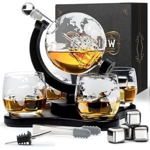 Whiskey Karaf Set Wereldbol 900 ml met Whiskey Decanter - Geschenk voor Mannen - 4 Whisky Glazen - 4 Whiskey Stenen - Schenktuit
