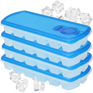Voordeelset van 4x stuks iJsblokjes/ijsklontjes maken bakjes met afsluit deksel blauw 26 cm - 12 stuks per verpakking