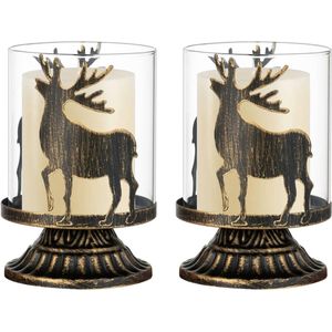 Stag Pillar Kaarsenhouders Shabby Chic - Vintage Hurricane Theelichthouder Set van 2 - Decoratieve Rendier Kaarsenstandaards Centerpieces voor Kerst Tafel Mantle Open Haard Decoratie - Zwart