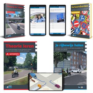 Motor Theorieboek 2024 Compleet Pakket - Rijbewijs A - Onbeperkt 60 Online examens, 9 toetsen en 3250 oefenvragen met Samenvatting, Mobiele Apps, Praktijkbegeleiding en Verkeersborden - Lens Media