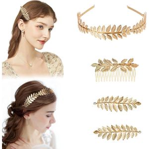 Kroon haarspelden met Romeinse bladkroon gouden boho-hoofdtooi voor bruidsdecoratie - Set van 4
