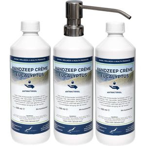 Handzeep Crème Eucalyptus 500 ml - set van 3 stuks - met gratis RVS zilverkleurige pomp - Voordeelverpakking