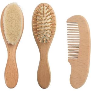 Babyhaarborstel en Kamset voor Pasgeborenen | Natuurlijke Houten Haarborstel met Zachte Geitenharen en Houten Kam