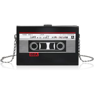 Schuine schoudertas radio vintage cassette handtas retro voor dames discoparty decoratie zwart