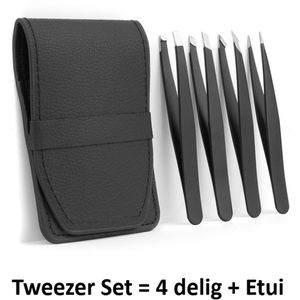 Vernieuwde versie - Tweezer - Pincet set van 4 in lederen hoesje - Etui - epileer pincet / splinter pincet - RVS- Zwart -Underdog Tech