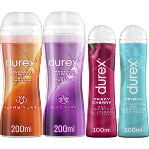 Durex - 4 Glijmiddelen - Waterbasis - 2 in 1 Aloë Vera 200ml - 2 in 1 Sensitive - Play Tingle Gel 100ml - Crazy Cherry (Kers) 100ml - Voordeelverpakking