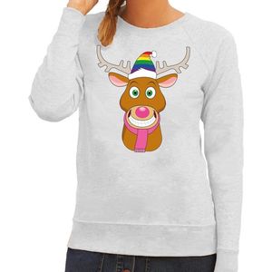 Foute kersttrui / sweater Gay Ruldolf met regenboog muts en roze sjaal grijs voor dames - Kersttruien XL