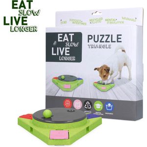 Eat Slow Live Longer Puzzel Triangle – 25x25x4 cm - Intelligentie speelgoed voor honden – Interactief hondenspeelgoed – Uitdagende hondenpuzzel – Gerecyclede materialen – Te vullen met snacks - Groen