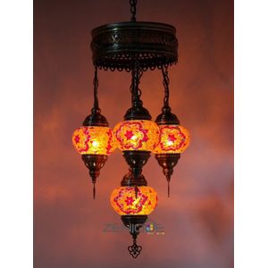 Turkse Lamp - Hanglamp - Mozaïek Lamp - Marokkaanse Lamp - Oosters Lamp - ZENIQUE - Authentiek - Handgemaakt - Kroonluchter - Rood/Oranje - 4 bollen