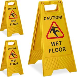 relaxdays 3 x waarschuwingsbord „Caution Wet Floor“ - klapbaar - gladde vloer bord - geel