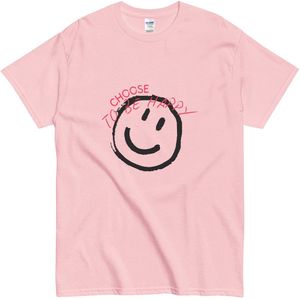 T Shirt met Quote en Smiley - Choose to be Happy Print - Positieve Uitstraling - Roze - S