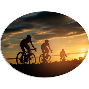 PVC Schuimplaat Ovaal - Mensen - Mountainbiken - Zonsondergang - Fietsen - Hobby - 108x81 cm Foto op Ovaal (Met Ophangsysteem)