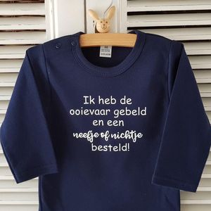 romper baby tekst zwangerschaps aankondiging ik heb de ooievaar gebeld en een nichtje of neefje besteld blauw lange mouw maat jongen of meisje maat 98-104