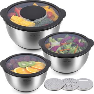 RVS Mengkommenset met deksel - 3 stuks - 14 l + 28 l + 47 l - Slakom - Serveerkom - Stapelbaar - 3 Raspopzetstukken