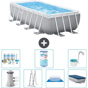 Intex Rechthoekig Prism Frame Zwembad - 488 x 244 x 107 cm - Grijs - Inclusief Pomp - Ladder - Grondzeil - Afdekzeil Onderhoudspakket - Filter - Skimmer