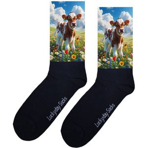 LuckyDay Socks - Kalfjes sokken - Verjaardag cadeau vrouw en man - Vrolijke sokken - Valentijns cadeau - Kerst sokken - Grappige sokken - Leuke dames en heren sokken - Moederdag - Vaderdag - Socks maken Happy - Maat 37-44