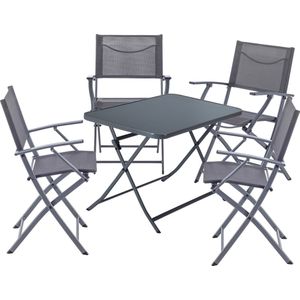 NATERIAAL - Tuinmeubelset voor 4 personen - Tuintafel EMYS 110 X 70 cm - 4 tuinstoelen EMYS - Zitgroep - Opvouwbaar - Balkonmeubelset - Staal - Tafelblad van glas - Textilene - Grijs