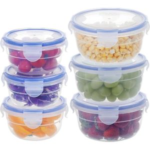 6-pack voedselbewaarcontainers met rond deksel (600 ml x 3 + 300 ml x 3), saladeyoghurt graanschalenset, maaltijdbereiding, fruitschaal, ijscontainer voor ijs, dessertschalen, plastic doos, vriezer