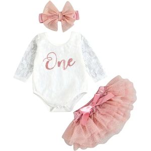 Baby Meisjes Eerste Verjaardag Outfit - Baby Romper - Tutu Rokken - Hoofdband - FotoShoot 1 Jaar - Eerste Verjaardagsoutfit Meisje 9 - 12 Maanden