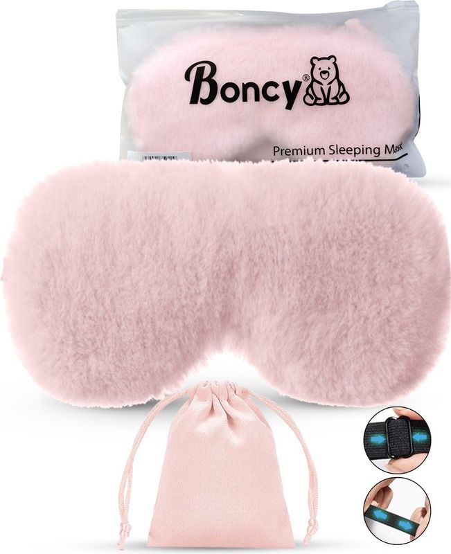 Boncy® Verstelbaar Zijde Slaapmasker met Opbergzakje - Roze Fluffy Oogmasker - Slaapmaskers Vrouwen en Mannen Zijde