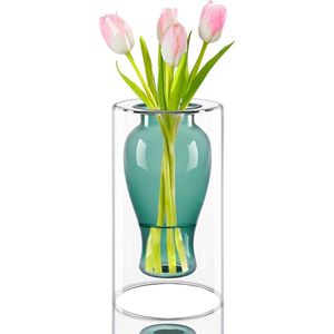 Glazen vaas voor tafeldecoratie, moderne geometrische glazen vazen, groene bloemenvazen, helder glas, vazen voor woonkamer, woondecoratie, bruiloftsdecoratie