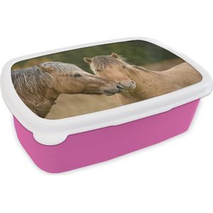 Broodtrommel Roze - Lunchbox - Brooddoos - Close-up van knuffelende fjord paarden - 18x12x6 cm - Kinderen - Meisje