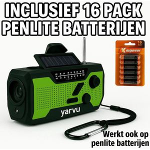 Noodradio - Groen - Model 2025 - Draagbare - Opwindbaar en Zonne-energie - Inclusief 16 Penlite Batterijen