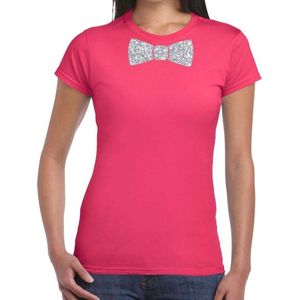 Roze fun t-shirt met vlinderdas in glitter zilver dames - shirt met strikje M