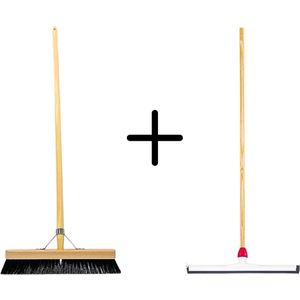 Synx Tools Paardenhaar 40cm + Vloertrekker Kunststof 55cm met Steel 150cm – Zaalveger – Vloerreiniger – Natuurrubber – Zachte binnenbezem met steel 160cm