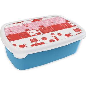 Broodtrommel Blauw - Lunchbox - Brooddoos - Patronen - Pannen - Design - Huis - Roze - 18x12x6 cm - Kinderen - Jongen