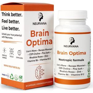 Neurvana Brain Optima – 60 capsules | Nootropic supplement met Lion’s Mane, Bacopa Monnieri, CDP-Choline, Rhodiola Rosea, Pijnboomschors, vitamine b6, vitamine b12 en zink | Voor mentale helderheid, focus, geheugen, concentratie