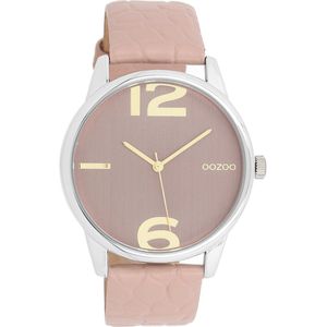 OOZOO Timepieces - Zilverkleurige horloge met zacht roze leren band - C10376