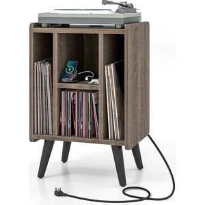 Equivera platenspeler standaard met oplaadstation en opbergruimte voor vinylplaten – Vintage draaitafelmeubel met 4 open planken – Bijzettafel voor woonkamer of kantoor – 43 x 34,5 x 67,5 cm (grijs)